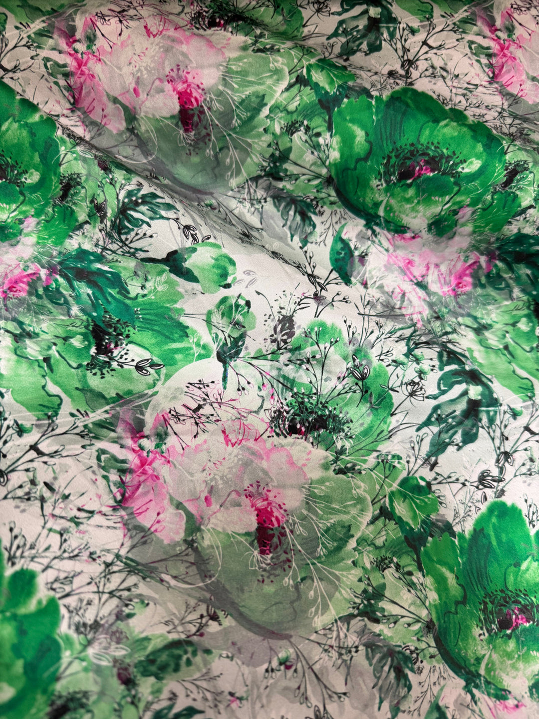 Cotton/Elastane Fabric - White with Green and Pink Flowers