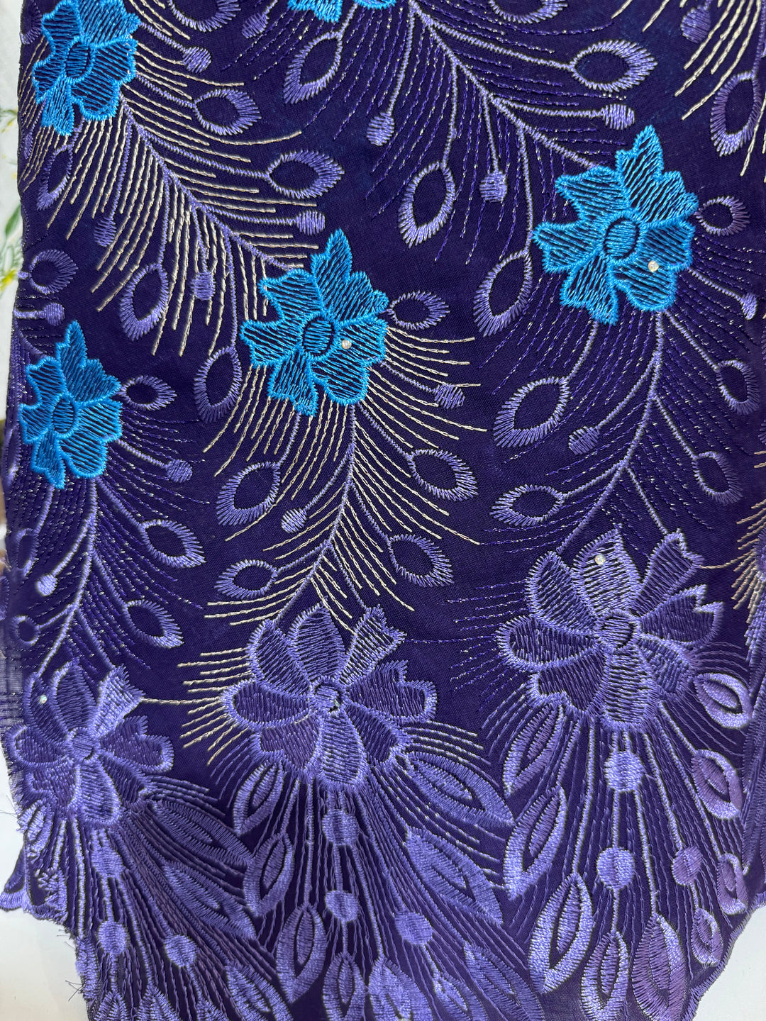 African Lace with Embroidered Flowers and Rhinestones - Purple and Blue