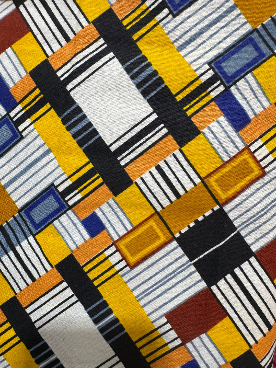 African Cotton Fabric - White with Checkered Yellow, Black, and Brown