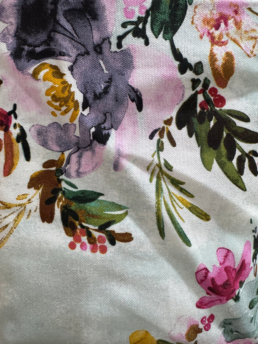 Canvas Fabric - White with Flowers and Leaves