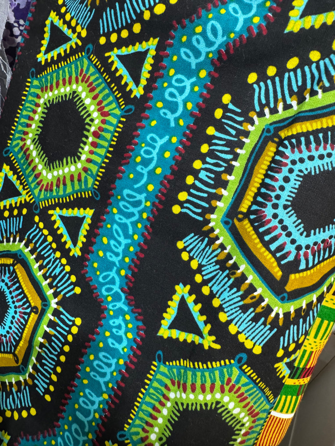 Cotton African Fabric - Black with Green and Blue