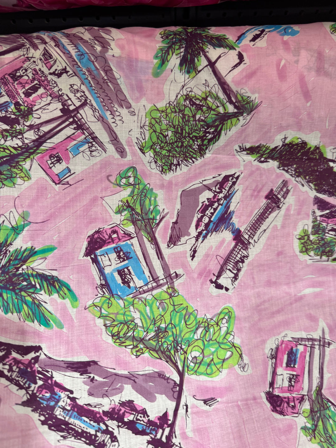 Cotton Lawn - Pink with Abstract Buildings