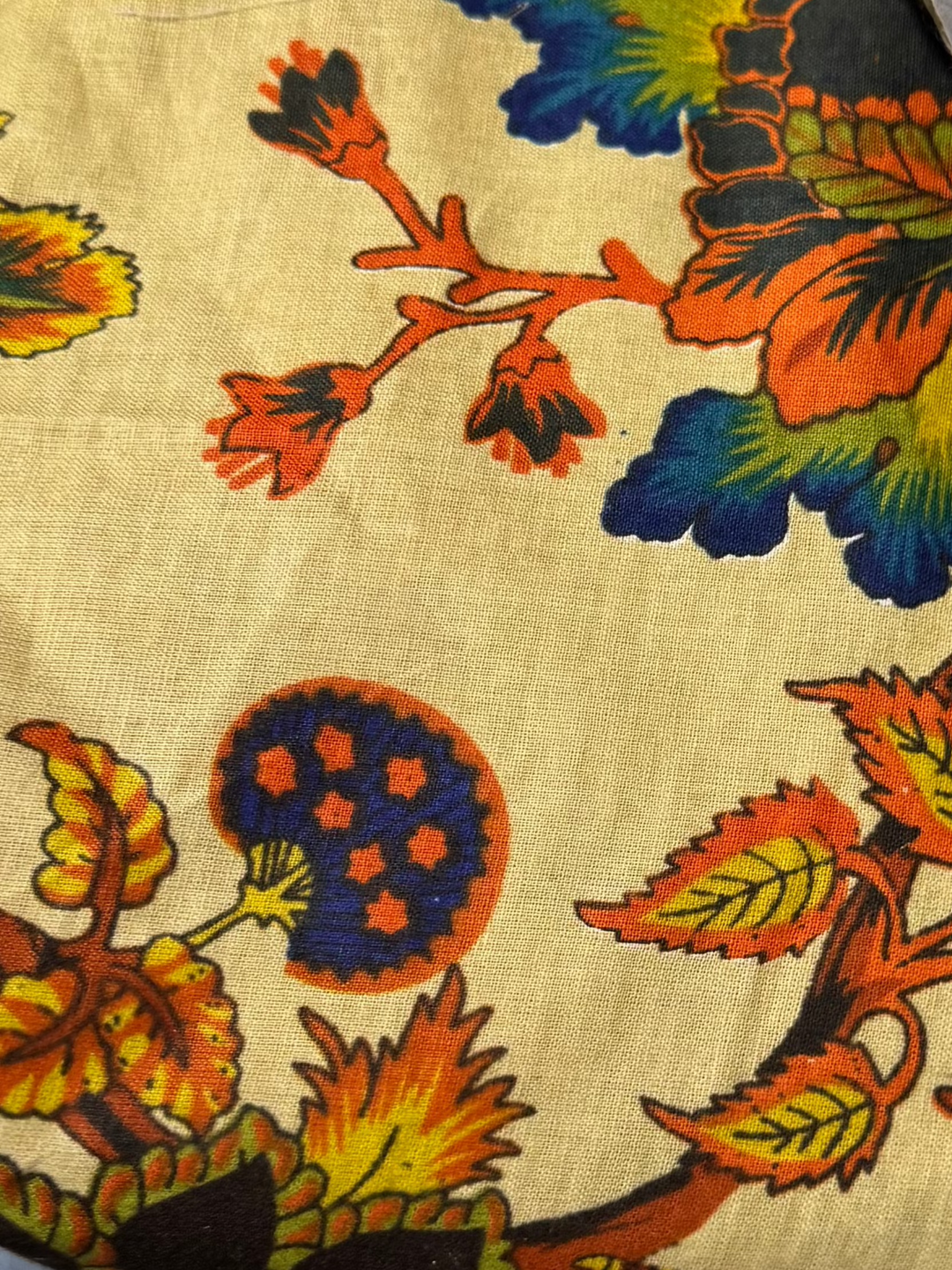 Cotton Fabric - Beige with Blue and Orange Flowers