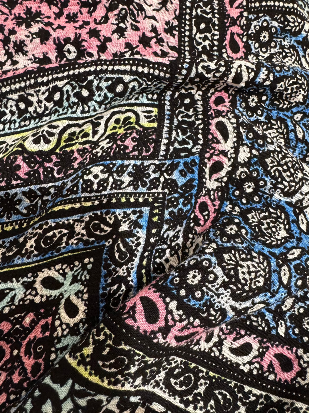 Cotton Fabric - Black with Pink and Blue Pattern