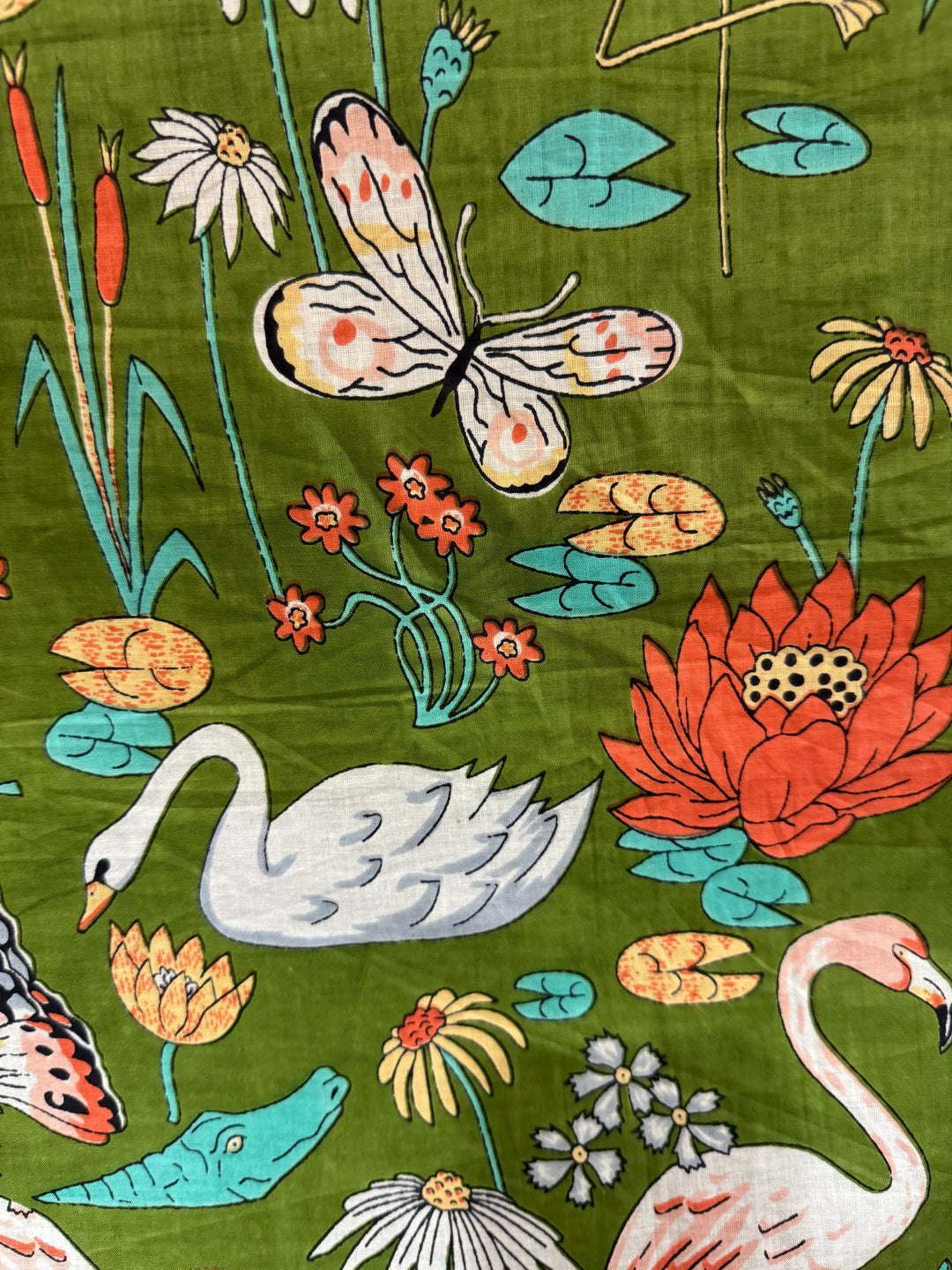 Cotton Fabric - Green with Butterflies and Swans