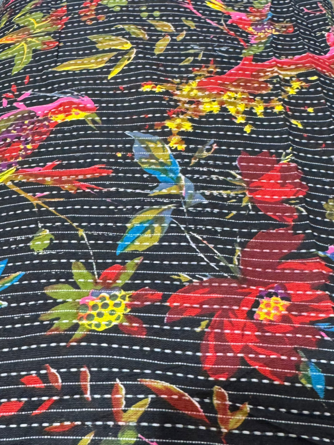 Cotton Fabric - Black with Birds and Stitching