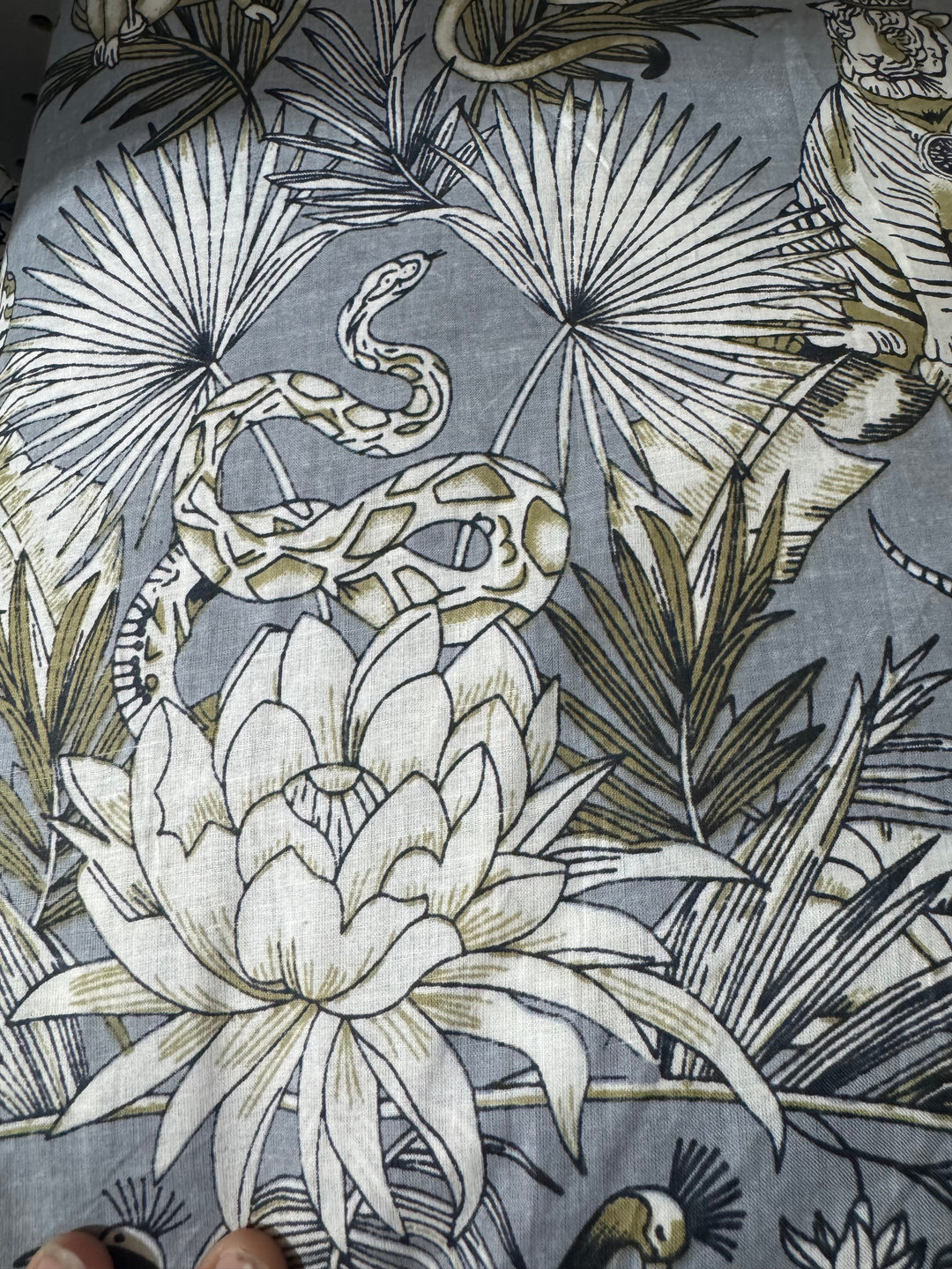 Cotton Fabric - Gray with Snake and Jungle Design