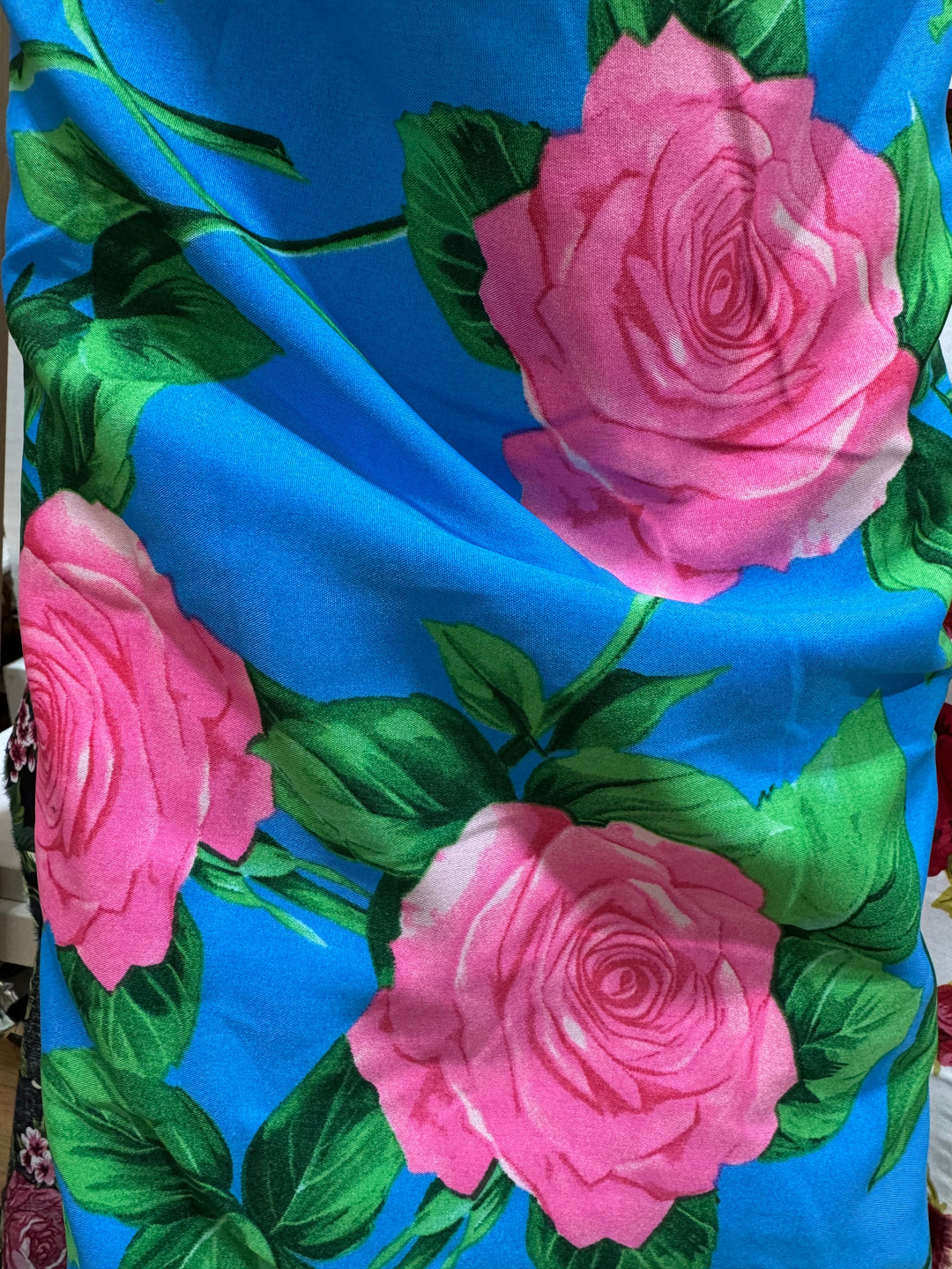 Cotton blend Fabric - Blue with Pink Flowers