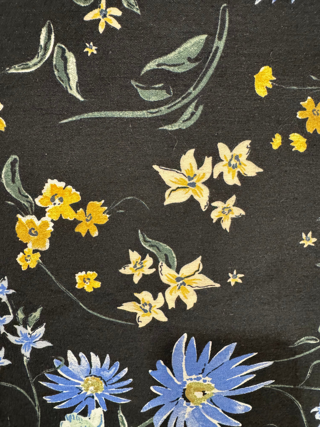 Stretch Cotton Fabric - Black with Yellow and Blue Flowers