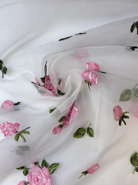 Organza Silk Embroider Pink Rose | Made in Italy