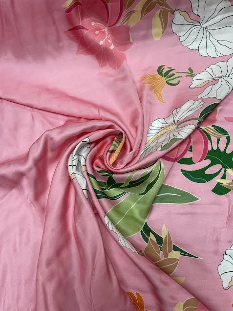 White Jumbo Floral on Pink with Stripe Border | Viscose | Made in Italy