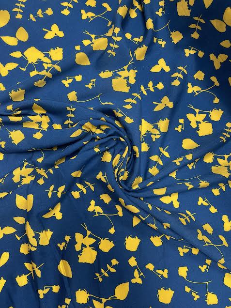 Yellow on Blue Floral Print | Cotton Lawn