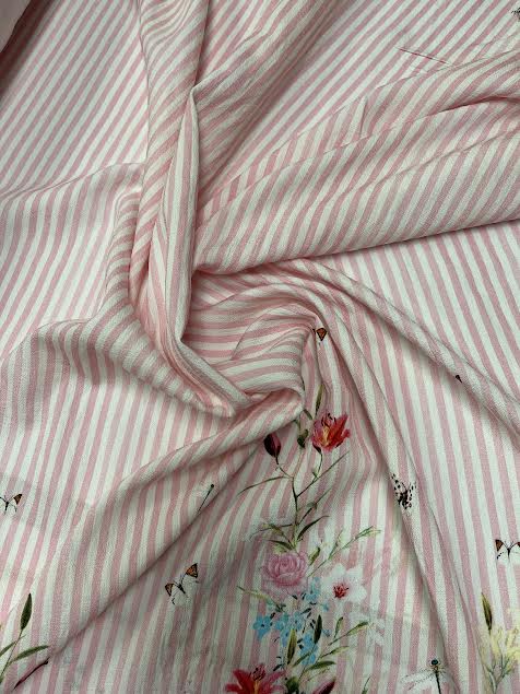 Pink & White Stripe with Rose Border | Viscose | Made in Italy
