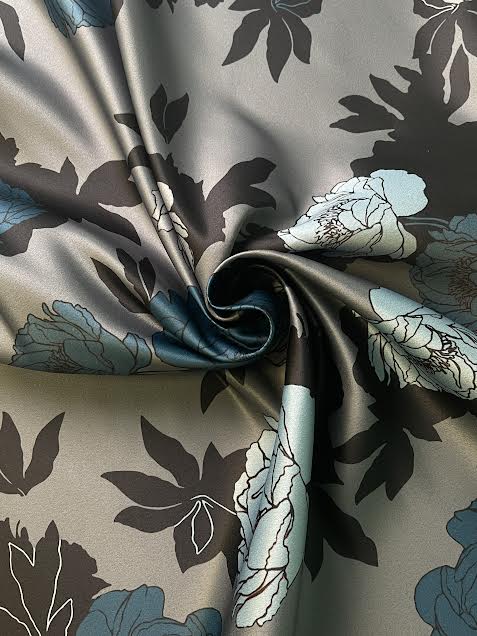 Grey & Blue Floral Duchess Satin | Polyester | Made in Italy