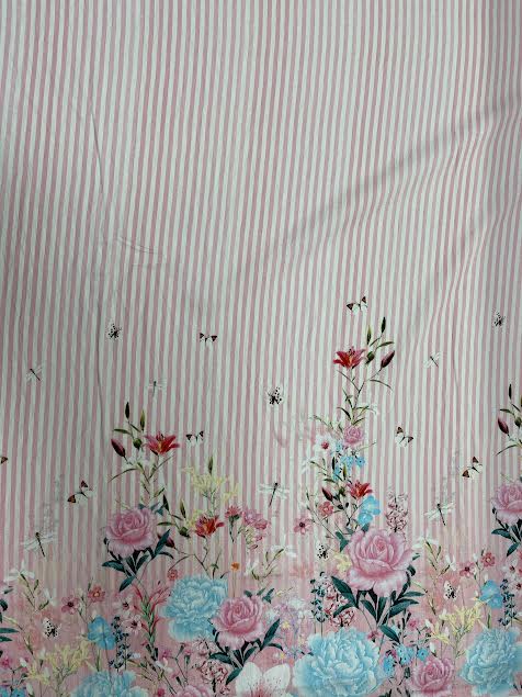 Pink & White Stripe with Rose Border | Viscose | Made in Italy