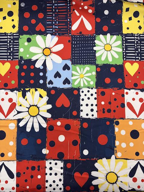 Multicolor Navy and Red Daisy Patchwork Print | Cotton | Made in Italy