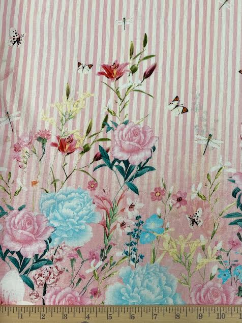 Pink & White Stripe with Rose Border | Viscose | Made in Italy