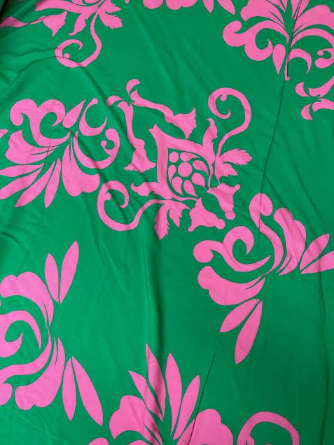 Pink Floral Demask on Kelly Green | Viscose | Made in Italy