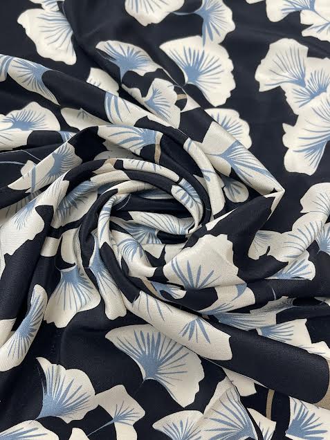 Black with Blue and White Leaves | Silk
