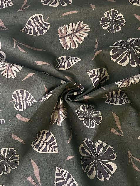 Purple & Beige Leaves on Muted Green | Linen | Made in Italy