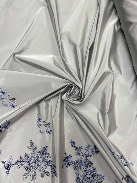 Mona Lisa | Silver Taffeta with Navy Nature Embroidered Border | Made in Italy