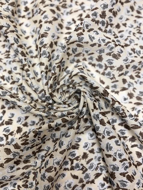 Cream with Brown floral and Border Print | Cotton Voile