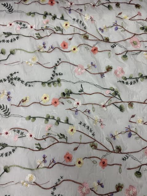 White with Pink Floral Vines Embroidered | Lace | Made in Italy