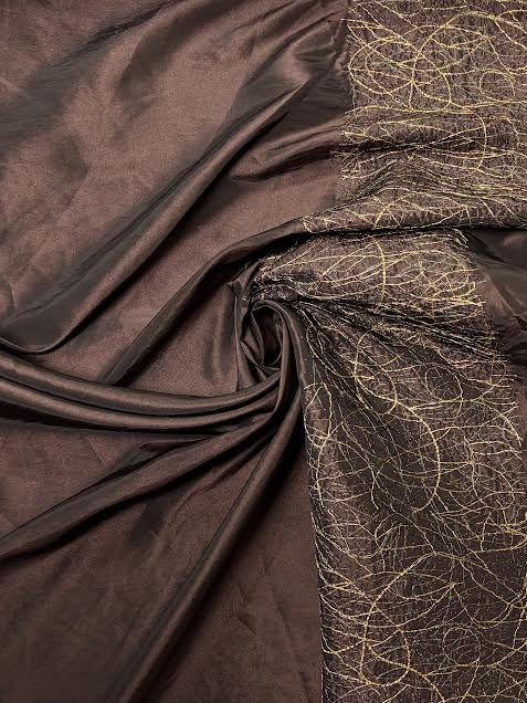 Dark Brown with Gold Border Embroidery | Taffeta | Made in Italy