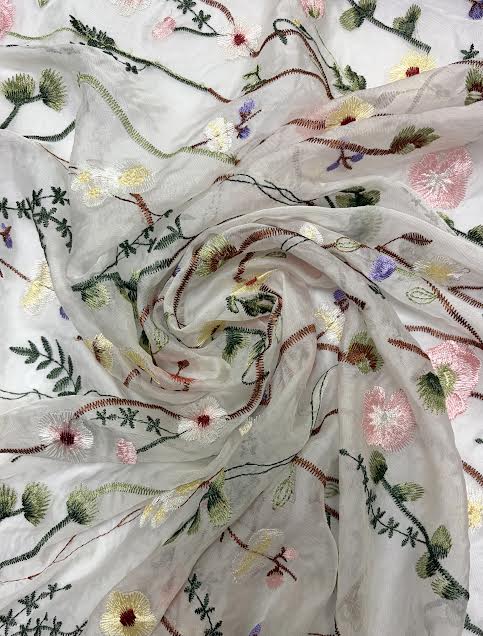 White with Pink Floral Vines Embroidered | Lace | Made in Italy