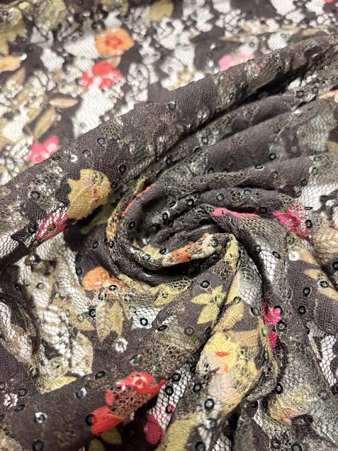 Pink Floral on Green With Sequins | Lace | Made in Italy