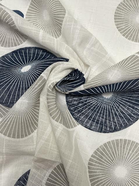 Blue & Grey Circles with Lines | Viscose Linen | Made in Italy