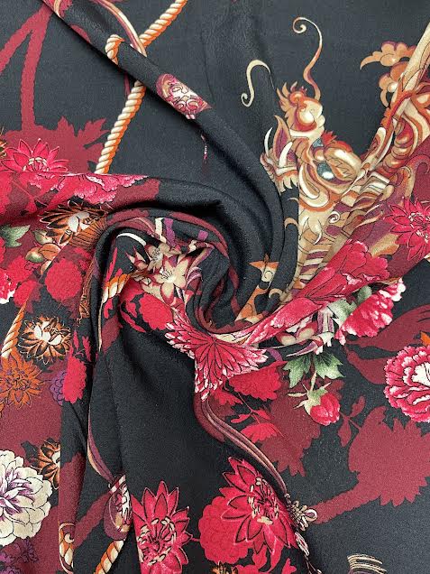 Burgundy Dragon Floral on Black | Viscose | Made in Italy