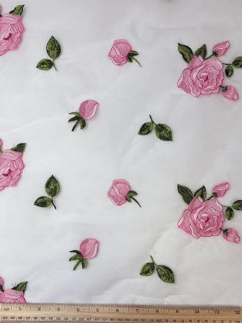 Organza Silk Embroider Pink Rose | Made in Italy