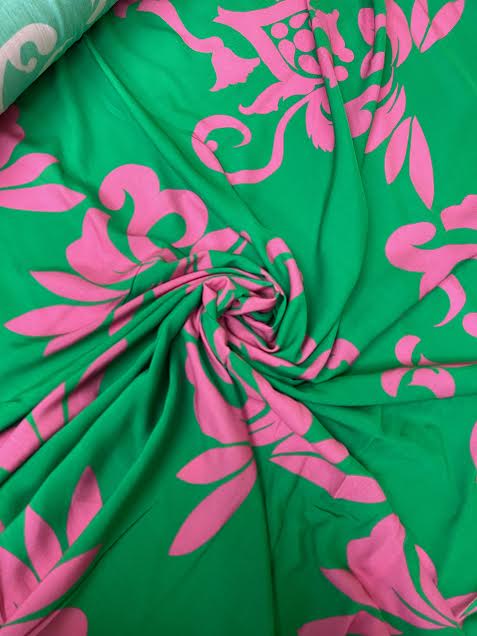 Pink Floral Demask on Kelly Green | Viscose | Made in Italy