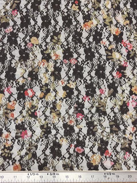 Pink Floral on Green With Sequins | Lace | Made in Italy