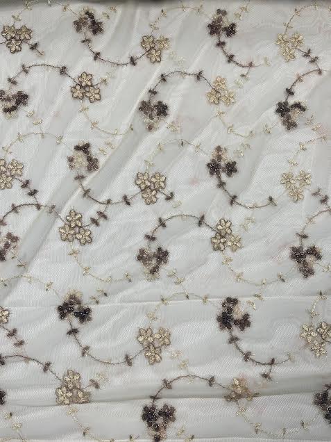 Cream and Brown Floral Embroidered Stretch | Mesh