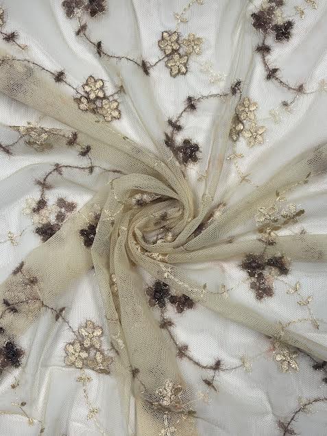Cream and Brown Floral Embroidered Stretch | Mesh
