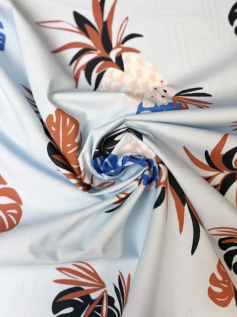 Cotton Blend Light Blue Leaves | Made in Italy
