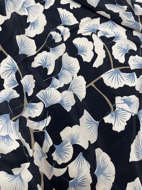Black with Blue and White Leaves | Silk