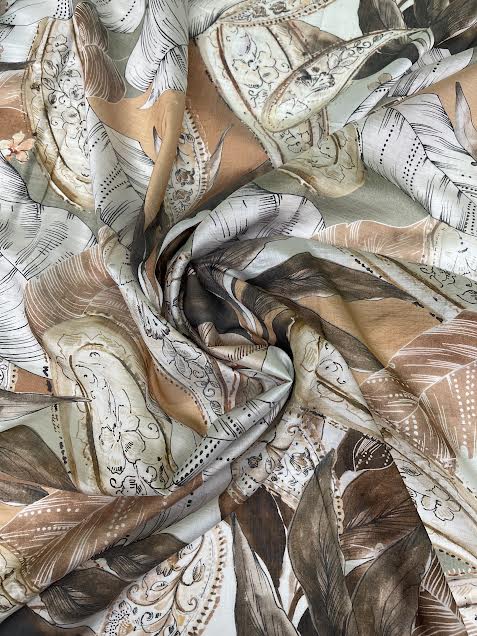 Brown and White Leaf Print | Viscose | Made in Italy