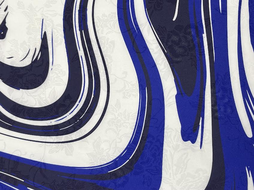Blue and White Wave Print Floral Jacquard | Viscose Blend