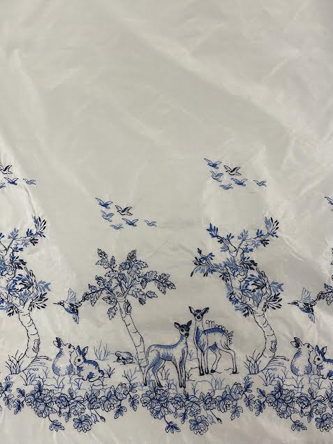 Mona Lisa | Silver Taffeta with Navy Nature Embroidered Border | Made in Italy