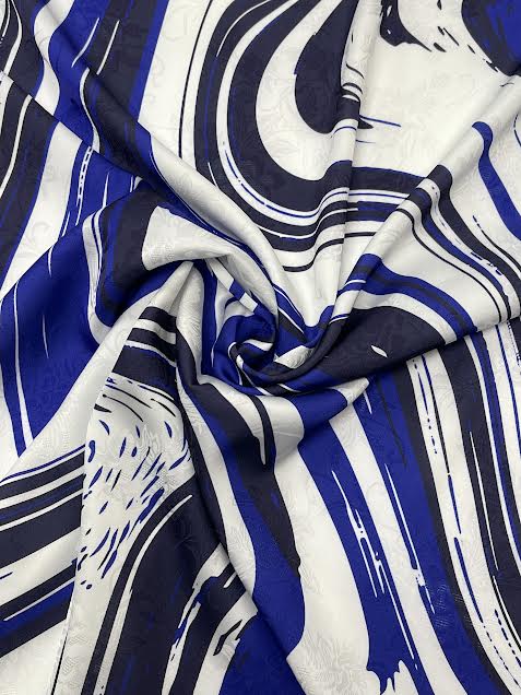 Blue and White Wave Print Floral Jacquard | Viscose Blend