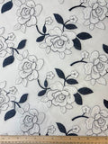 Embroidered organza | Navy, White Rose Flowers | made in italy