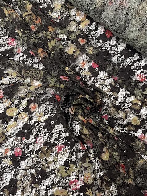 Pink Floral on Green With Sequins | Lace | Made in Italy