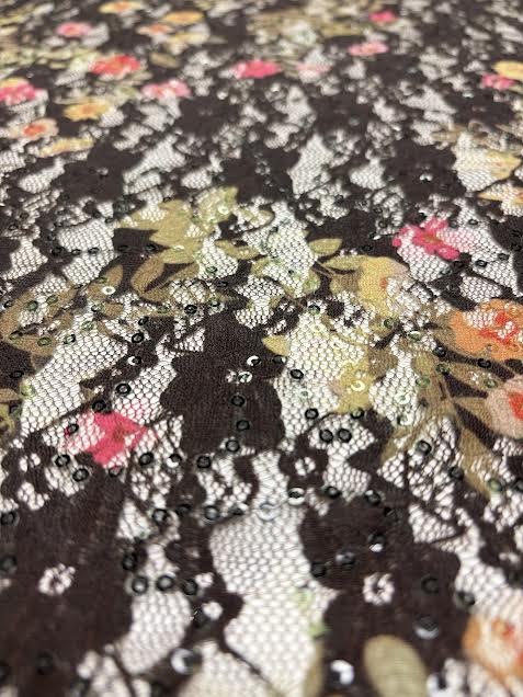 Pink Floral on Green With Sequins | Lace | Made in Italy