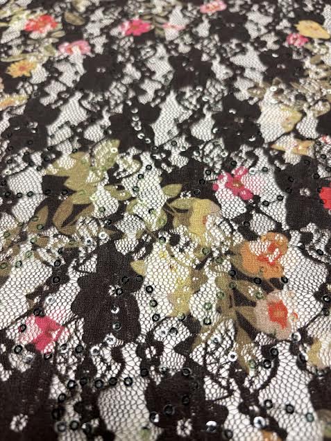 Pink Floral on Green With Sequins | Lace | Made in Italy