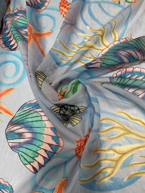 Blue Seashell Print | Viscose | Made in Italy