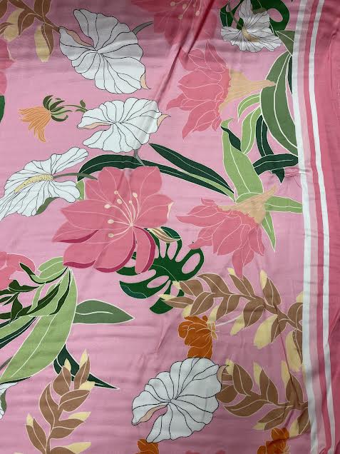 White Jumbo Floral on Pink with Stripe Border | Viscose | Made in Italy