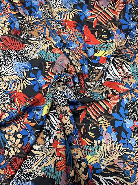 Multicolor Jungle Print on Black | Viscose Blend | Floral Jacquard